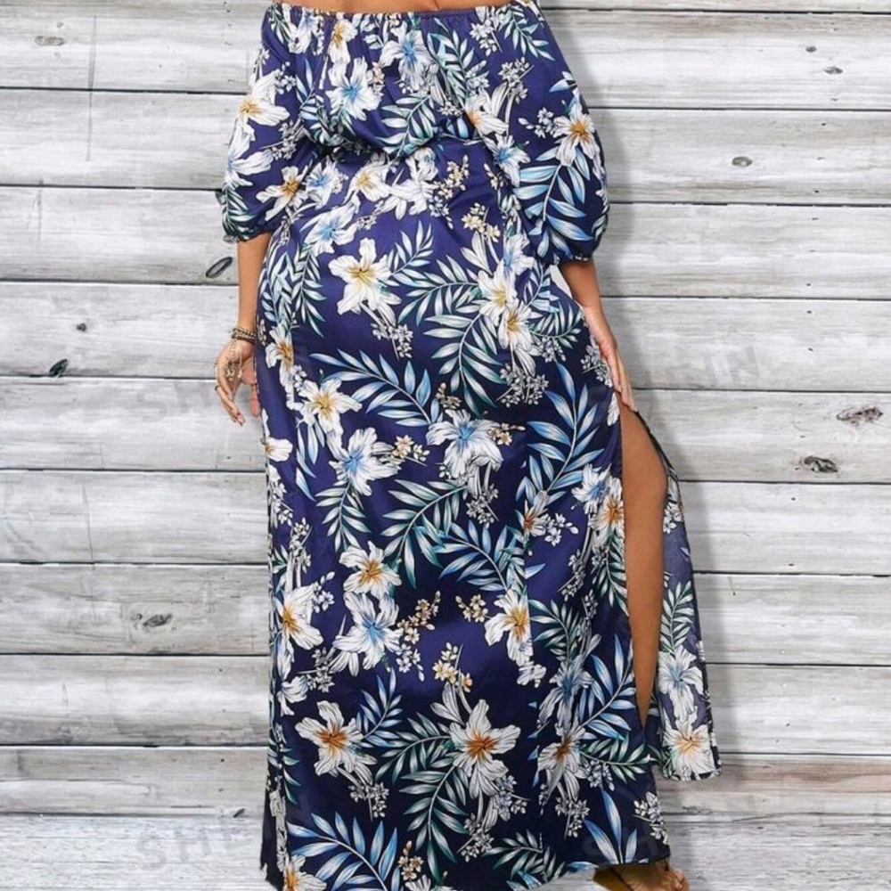 SHEIN 1XL TROPICAL PRINT SIDE SPLIT DRESS - Picture 4 of 13